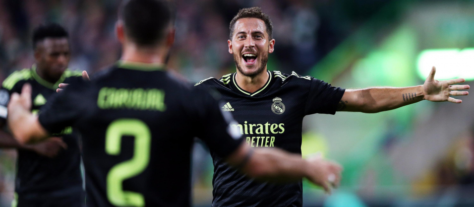 Hazard celebra el tercer gol del Real Madrid en Glasgow