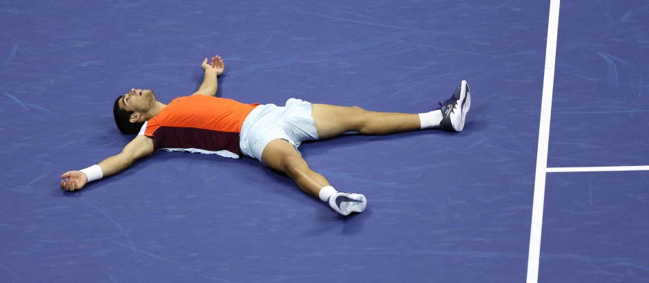 Carlos Alcaraz, en el momento en el que se ha proclamado campeón del US Open