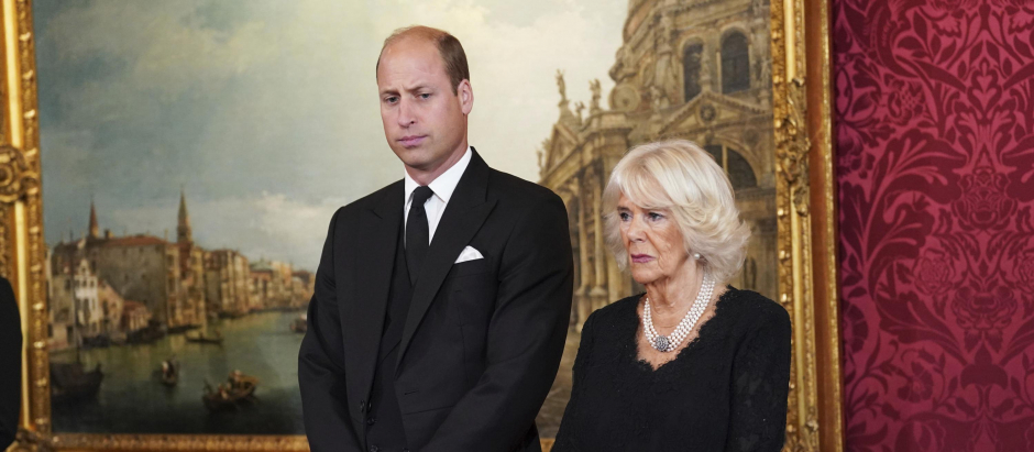 Britain's Prince William and Camilla, the Queen Consort, during the Accession Council ceremony at St James's Palace, London, Saturday, Sept. 10, 2022, where King Charles III is formally proclaimed monarch. (Kirsty O'Connor/Pool Photo via AP) *** Local Caption *** .