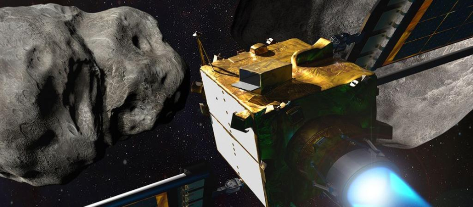 Imagen ilustrativa de la nave espacial DART acercándose a los asteroides Dimorphos y Didymos.