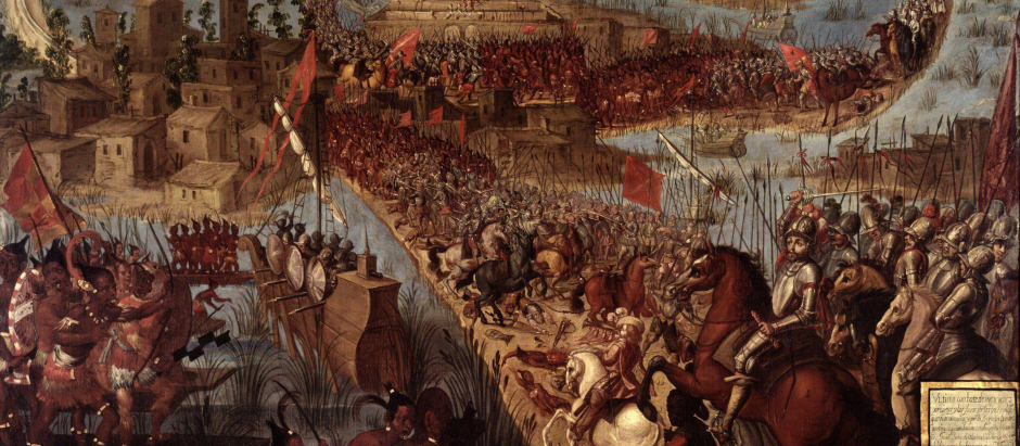 "Conquista de México por Cortés". El sitio de Tenochtitlan por el conquistador español Hernán Cortés, durante la Conquista de México