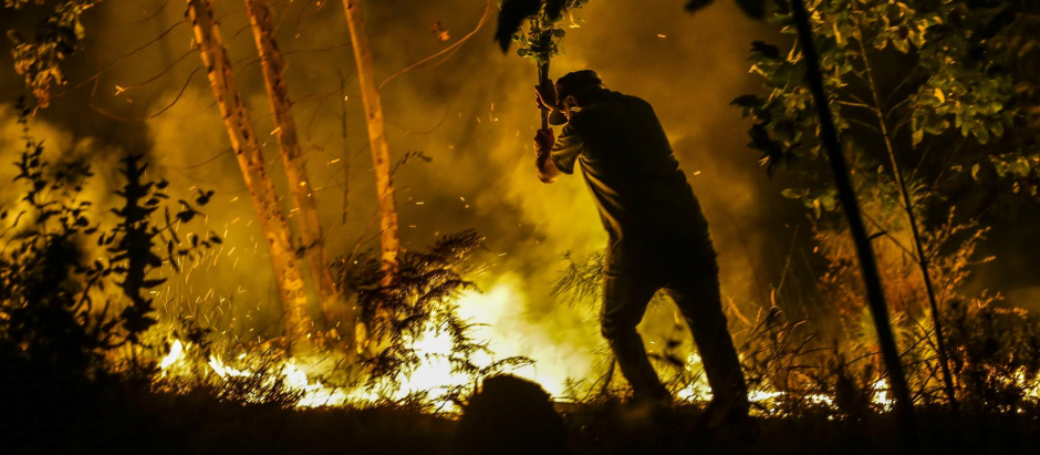 Una persona lucha contra el fuego durante un incendio en Vale de Cambra (Portugal) en 2017