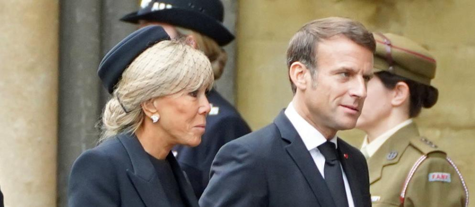 French President Emmanuel Macron and Brigitte Macron during State Funeral of Queen Elizabeth II on September 19, 2022 in London, England.