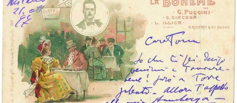 Una de las cartas de Puccini, escrita sobre una cartulina de 'La Bohème', fechada el 21 de octubre de 1897