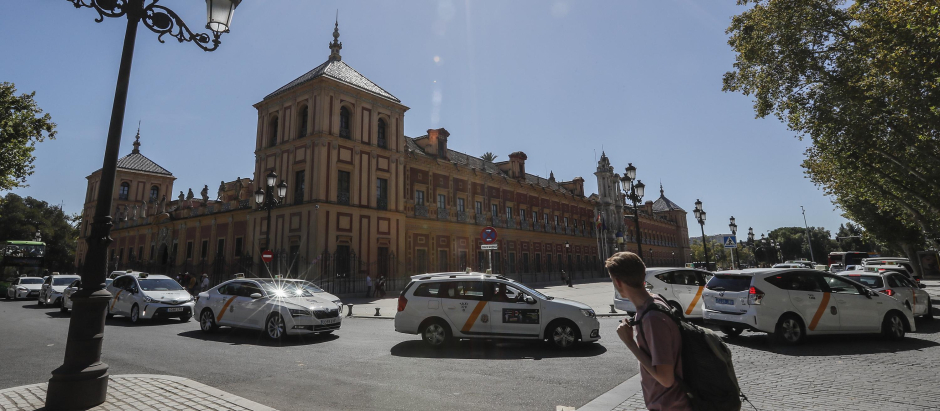 Numerosos taxistas se han concentrado con sus vehículos y han estado circulando alrededor del Palacio de San Telmo, sede del Ejecutivo en Sevilla
