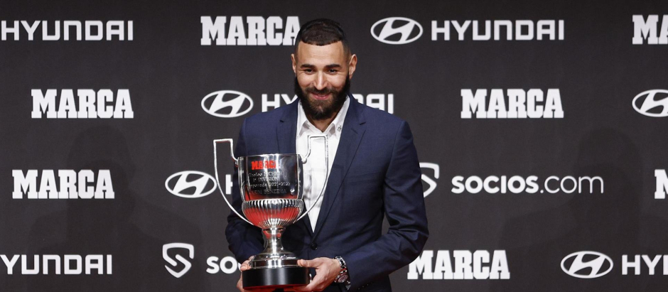 Karim Benzema, indudable protagonista de la gala: ganó el Premio Pichichi -máximo goleador-, el Di Stéfano -mejor jugador- y el MV Hyundai.