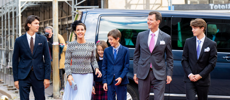 Prince Joachim,Princess Marie,Prince Nikolai,Prince Felix,Prince Henrik,Princess Athena attending Service in Our Lady'sChurch for the Queen her 50th Jubilee of Government  in Copenhagen.