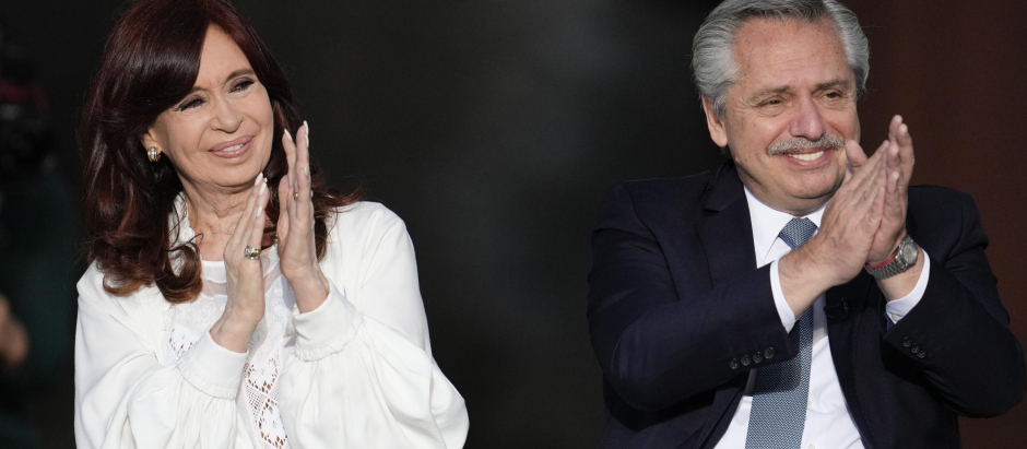 Argentina's President Alberto Fernandez, Vice President Cristina Fernandez during an event celebrating the 38th anniversary of democracy's return to the country in Buenos Aires, Argentina, Friday, Dec. 10, 2021.