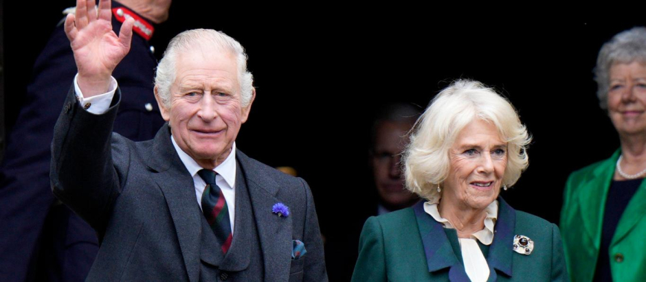 King Charles III and Camilla Queen Consort attend an official council meeting at the City Chambers and visit Dunfermline Abbey to mark Dunfermline becoming a City. *** Local Caption *** .
