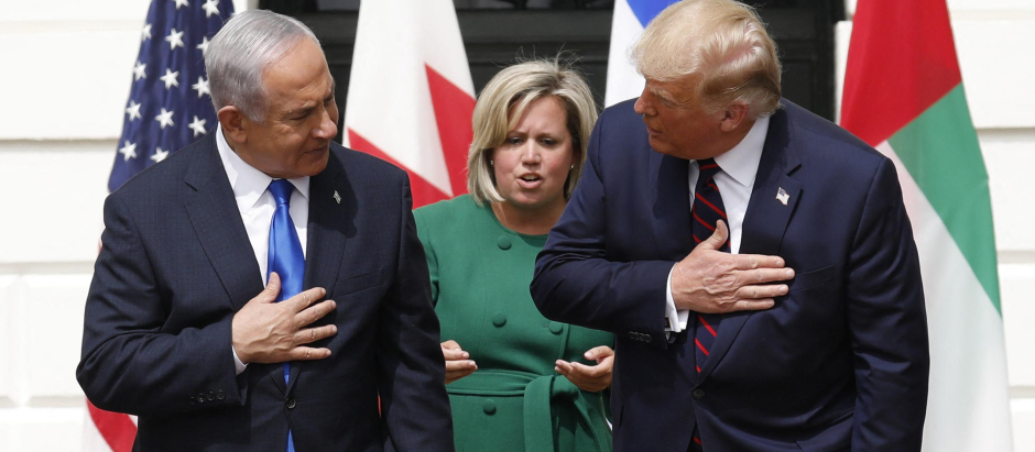 U.S. President Donald Trump and Israeli Prime Minister Benjamin Netanyahu react during an Abraham Accords Signing Ceremony on the South Lawn of the White House in Washington, DC, USA on September 15, 2020.
