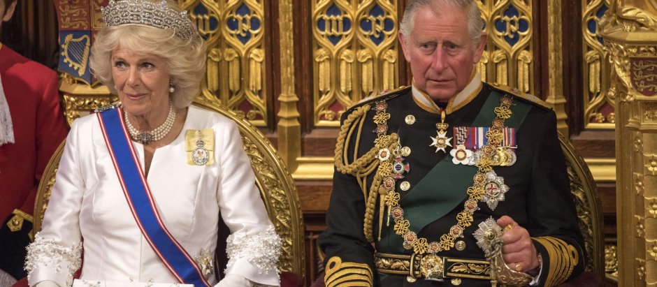 The Duchess of Cornwall and the Prince of Wales during the State Opening of Parliament, in the House of Lords at the Palace of Westminster in London.