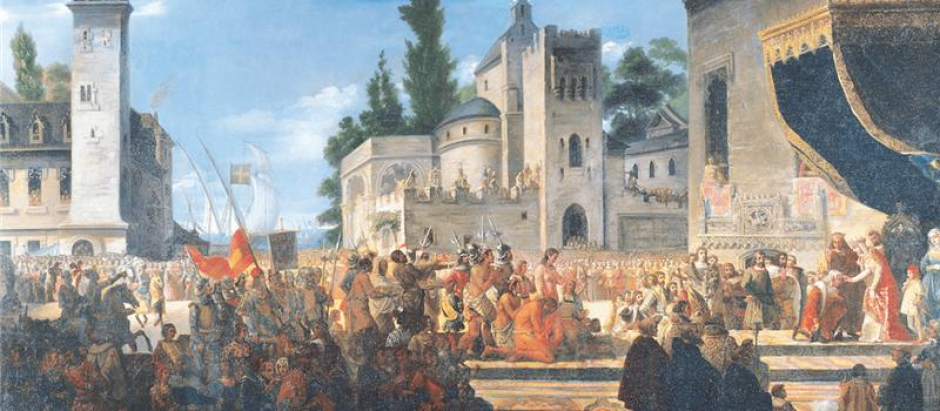 Óleo de Francisco García Ibáñez. La llegada de Colón a Barcelona a mediados de abril de 1493 y recibido por los Reyes Católicos