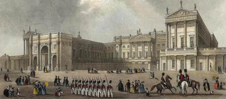 El palacio hacia 1837, representando el Marble Arch, una entrada ceremonial. Fue trasladado para dar paso al ala este en 1847