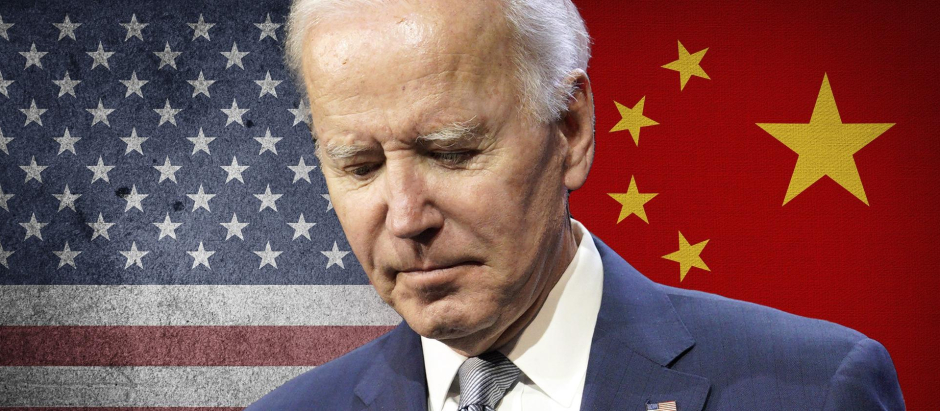 Fotomontaje de Joe Biden con la bandera de EE.UU. y China