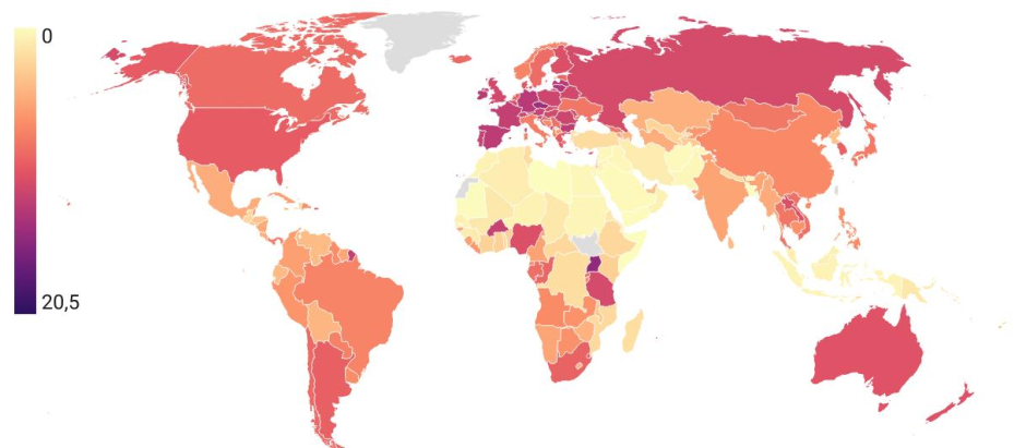 Mapa del consumo de alcohol per cápita en el mundo