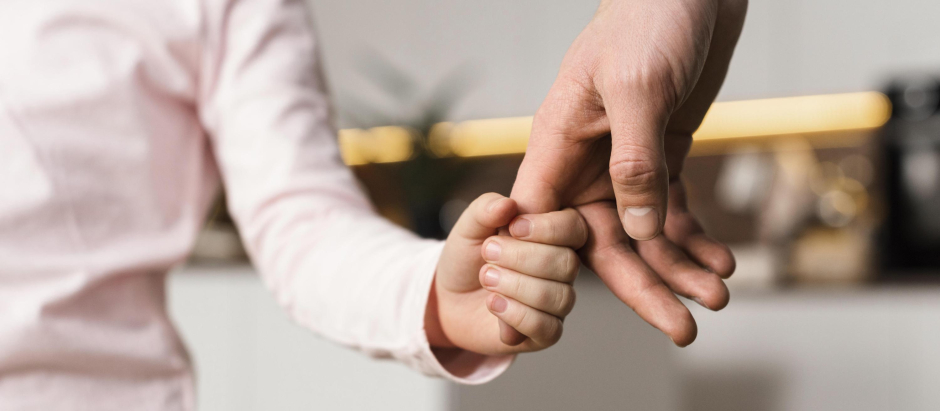 Una niña pequeña cogiendo de la mano a su padre