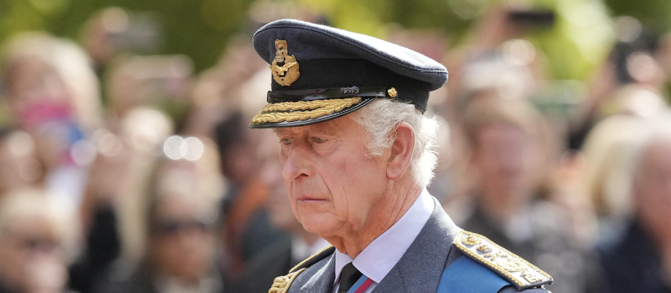 Britain´s King Charles III during transfer of Queen Elizabeth II's remains from BuckinghamPalace to WestminsterHall, London on September 14, 2022.