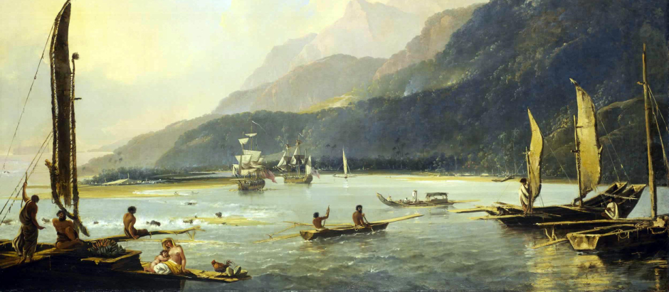 William Hodges : Resolución y aventura con un barco de pesca en la bahía por Matawai ( Tahití ), Óleo sobre lienzo, 1776
