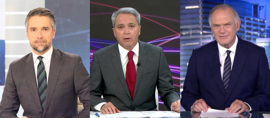 Carlos Franganillo (La 1), Vicente Vallés (Antena 3) y Pedro Piqueras (Telecinco)