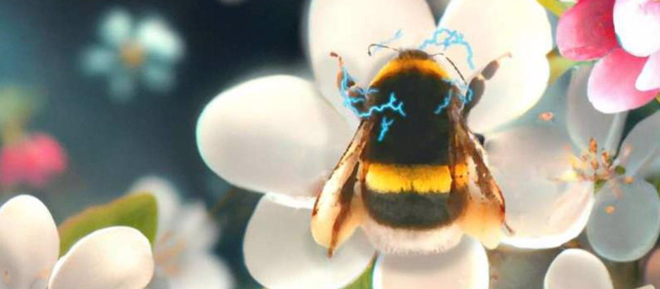 Ilustración artística de un abejorro interactuando con una flor