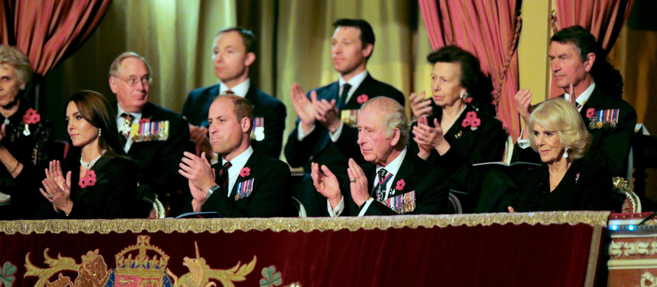 Members of the royal family, the Duke and Duchess of Gloucester (back left), Prince and Princess of Wales, King Charles III and the Queen Consort, and Vice Admiral Sir Timothy Laurence with the Princess Royal (back right) during the annual Royal British Legion Festival of Remembrance at the Royal Albert Hall in London. Picture date: Saturday November 12, 2022.