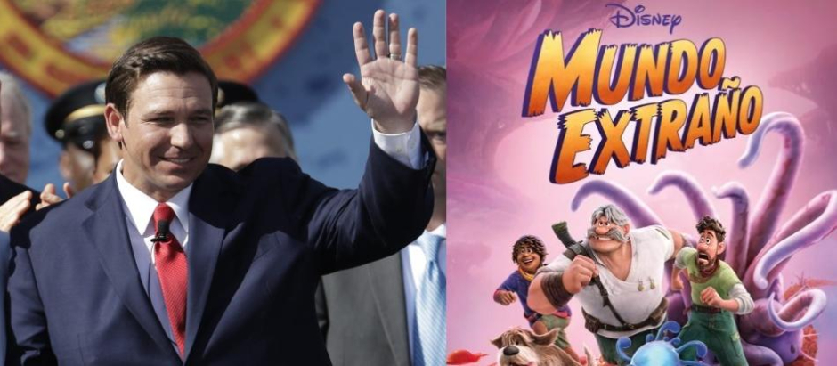 El gobernador de Florida, Ron DeSantis, y el cartel de la película de Disney 'Mundo Extraño'