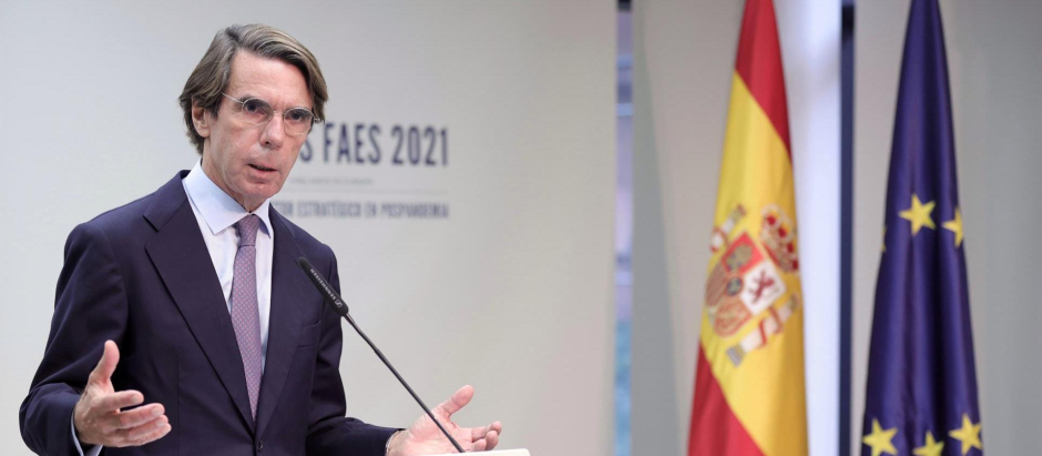 El expresidente del Gobierno y presidente del IADG, José María Aznar, interviene en la clausura del Campus FAES 2021 en el auditorio de la Fundación Abertis, a 24 de septiembre de 2021, en Madrid, España