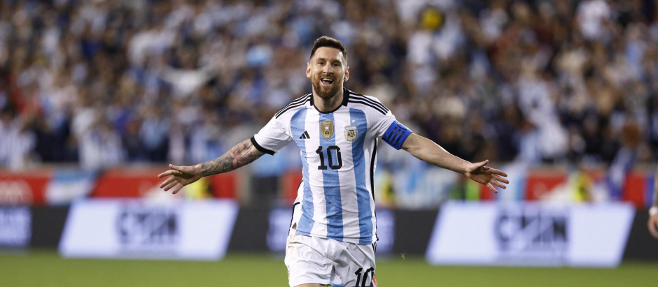 (FILES) In this file photo taken on September 28, 2022 Argentina's Lionel Messi celebrates his goal during the international friendly football match between Argentina and Jamaica at Red Bull Arena in Harrison, New Jersey. - Argentina captain Lionel Messi leads the 26-man squad for the Qatar 2022 World Cup, which esi:includes Angel Di Maria and Paulo Dybala, both recovered from injuries. (Photo by Andres Kudacki / AFP)