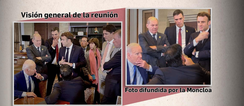Montaje que muestra las diferencias entre la reunión y la fotografía difundida por Sánchez y Moncloa