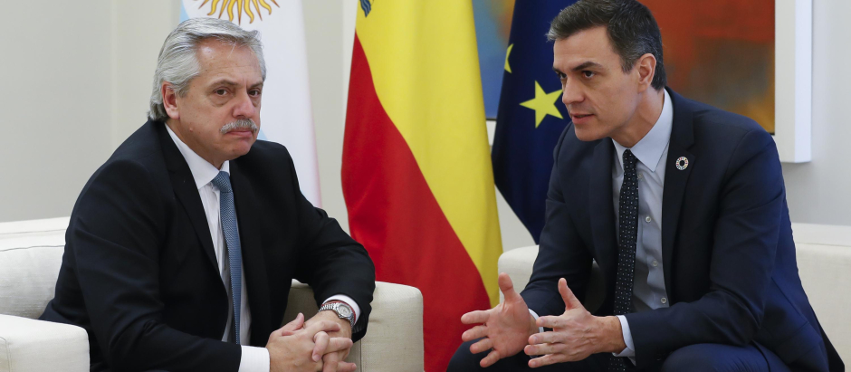 Spain's President Pedro Sanchez and Argentina's President Alberto Fernandez during a meeting at MoncloaPalace in Madrid, on Tuesday 07, July 2020