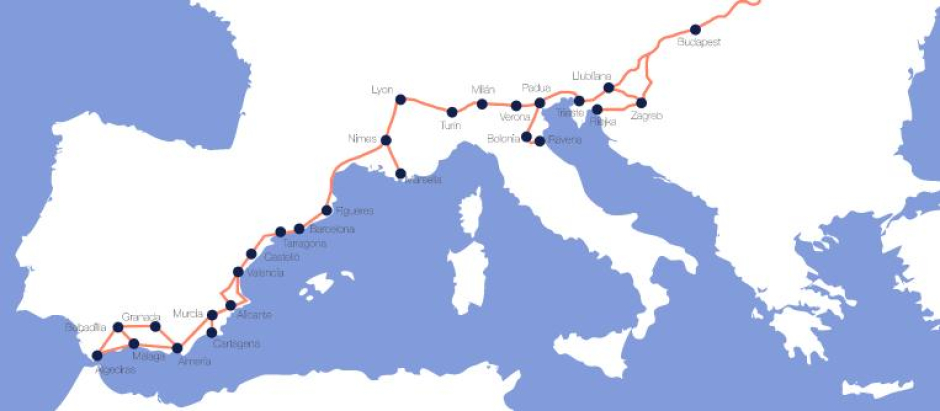 Mapa de las ciudades europeas que estarán conectadas a través del Corredor Mediterráneo.