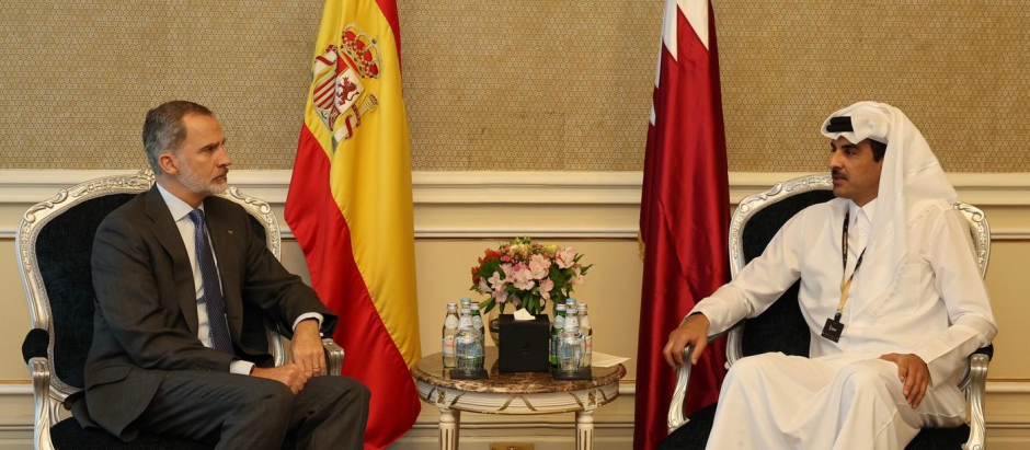 Su Majestad el Rey durante el encuentro con el Emir del Estado de Catar, el Jeque Tamim Bin Hamad Al Thani