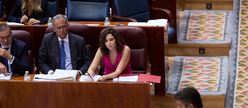 El portavoz del PP en la Asamblea de Madrid, Pedro Muñoz Abrines, habla ante la escucha de Isabel Díaz Ayuso.