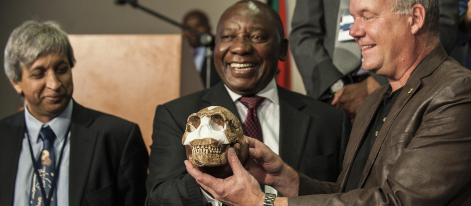 South African Deputy President Cyril Ramaphos (C) and Professor Lee Berger (R) hold the replica Homo naledi Skull at the unveiling of the new discovery at the Maropeng visitors centre on September 10, 2015. A new species of human ancestor, Homo naledi, estimated at about 2.5 to 2.8 million years old was discovered at the Cradle of Humankind and unveiled at the Maropeng visitors centre in South Africa. AFP PHOTO/STEFAN HEUNIS