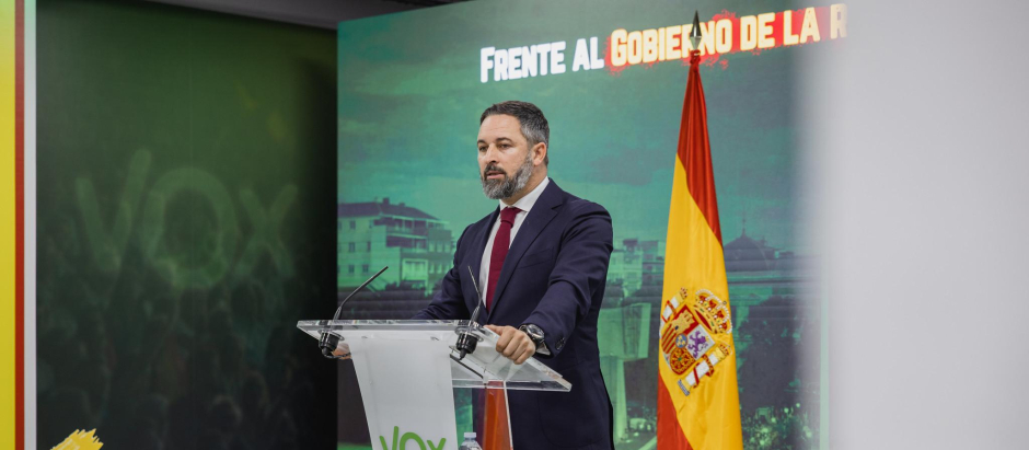Santiago Abascal en rueda de prensa en la sede nacional de Vox