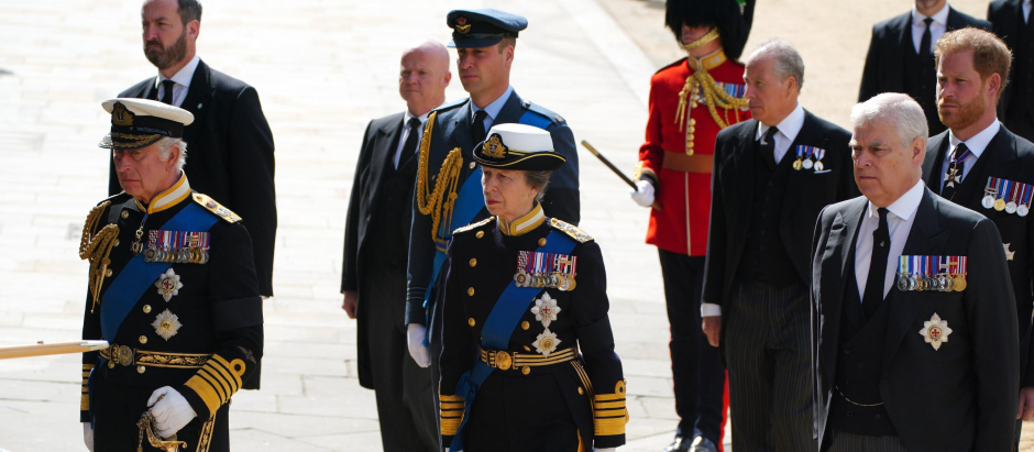 Britain´s King Charles III , Princess Anne, William Prince of Wales, Prince Harry and Prince Andrew, Duke of York during State Funeral of Queen Elizabeth II on September 19, 2022 in London, England.