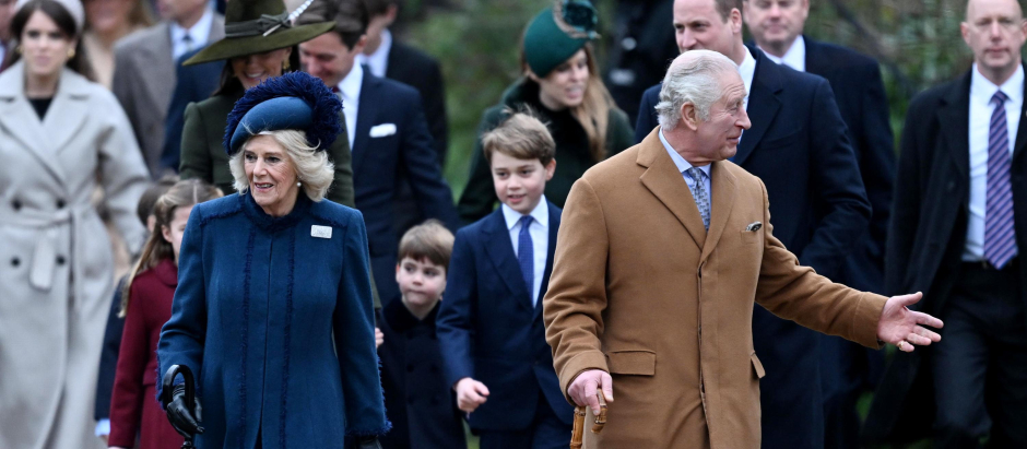 Camilla Queen Consort and King Charles III followed by Princess Charlotte, Catherine Princess of Wales, Prince Louis, Prince George and Prince William attending the Christmas day in Sandringham in Norfolk, England, Sunday, Dec. 25, 2022.