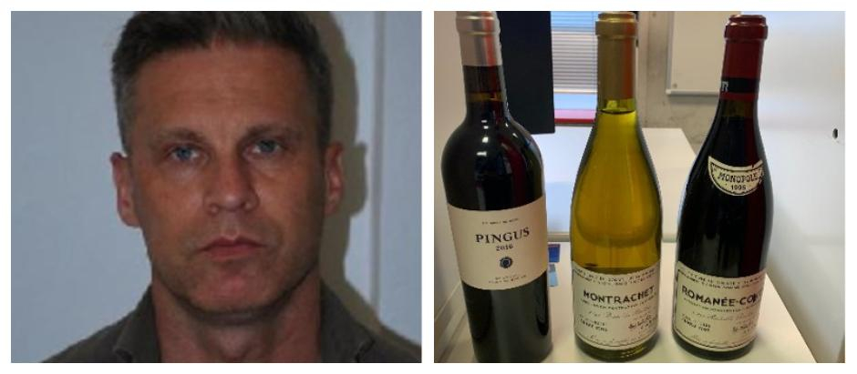 En las imágenes, el detenido por presunto robo en el restaurante  Atrio; a la derecha,  las tres botellas que la Policía le incauta en la frontera de Suiza