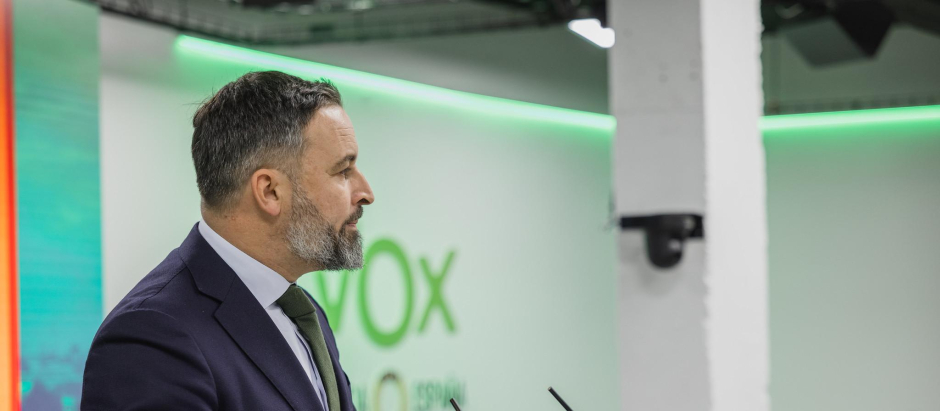 Santiago Abascal ofrece una rueda de prensa en la sede nacional de Vox