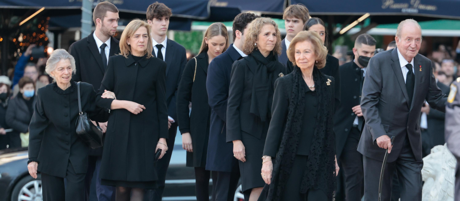 Spanish Emeritus King Juan Carlos I and Sofia with spanish members royal family during burial of Constantine of Greece in Athens, on Monday,, 16 January 2023.