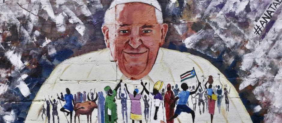 JUBA (SUDÁN DEL SUR), 30/01/2023.- Los jóvenes artistas del colectivo "Ana Taban" llevan meses preparando la visita del papa Francisco a Sudán del Sur y han pintado numerosos grafitis en las paredes de la capital que representan su deseo de paz y su bienvenida al pontífice, un gesto muy importante para una generación que sólo ha conocido la guerra. EFE/ Ana Taban SOLO USO EDITORIAL/SOLO DISPONIBLE PARA ILUSTRAR LA NOTICIA QUE ACOMPAÑA (CRÉDITO OBLIGATORIO)