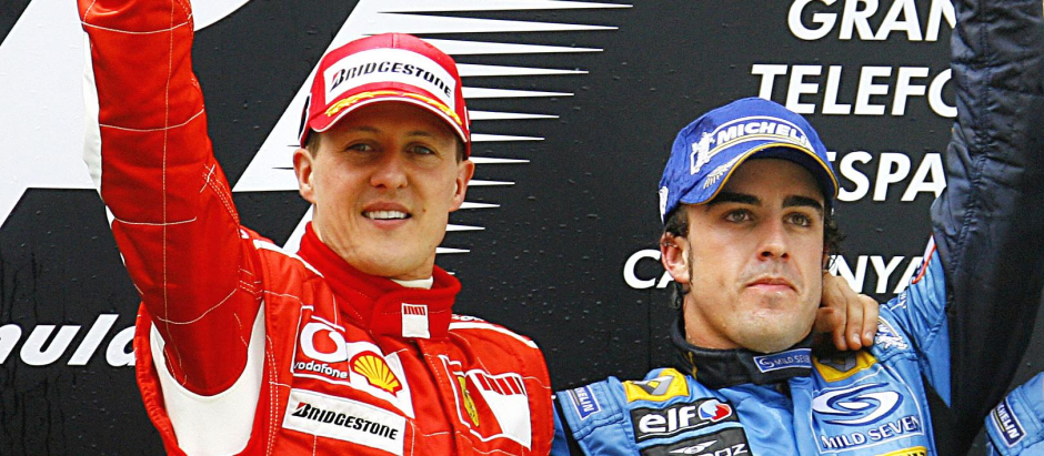 Fernando Alonso y Michael Schumacher en el podio del Gran Premio de España de 2006