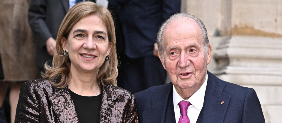 Former Spain's King Juan Carlos with Infanta Cristina attending a ceremony during which MarioVargasLlosa, will be inducted into the Academie Francaise (French Academy) as an 'Immortal' member, in Paris, France, February 9, 2023.