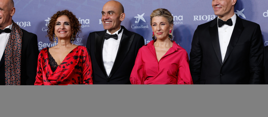 Spanish President Pedro Sanchez with Yolanda Ramos , Maria Jesus Montero at photocall for the 37th annual Goya Film Awards in Sevilla on Saturday 11 February, 2023.