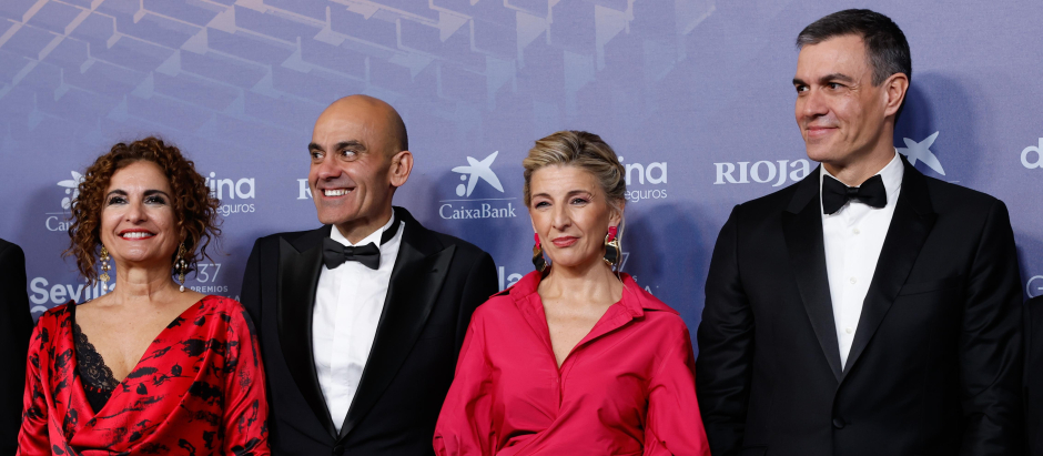 Spanish President Pedro Sanchez with Yolanda Ramos , Maria Jesus Montero at photocall for the 37th annual Goya Film Awards in Sevilla on Saturday 11 February, 2023.