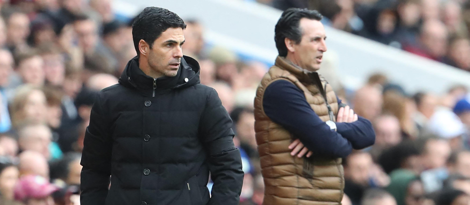 Mikel Arteta, entrenador del Arsenal, y Unai Emery, técnico del Aston Villa