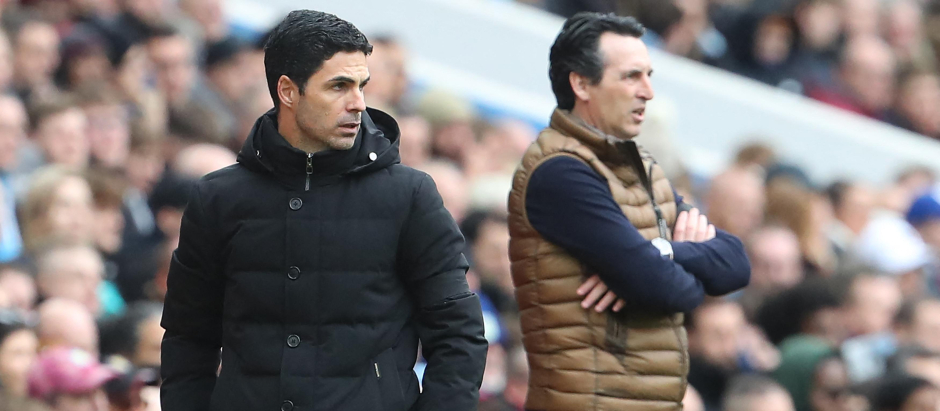 Mikel Arteta, entrenador del Arsenal, y Unai Emery, técnico del Aston Villa
