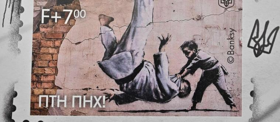 Sello de Bansky basado en el grafiti hecho por el artista en Ucrania