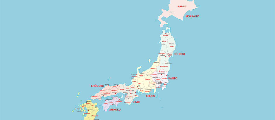 Mapa político de Japón sin sus islas adicionales