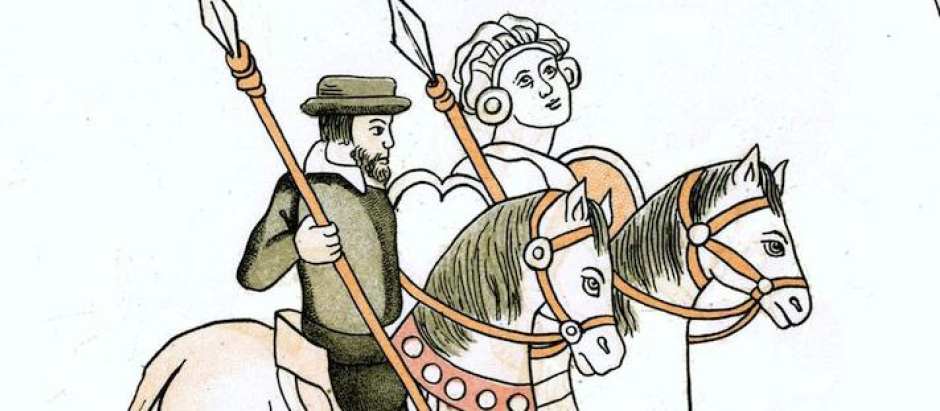 Jinete identificable con María de Estrada, cabalgando con Hernán Cortés. Lienzo de Tlaxcala